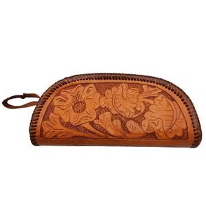 Hand Tooled Leather Wristlet Flower Western Small Bag Brown Embossed Purse Vtg